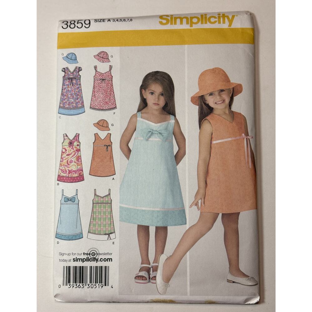 Simplicity 3859 Child's Sizes 3 - 8 Summer Dress and Hat vn